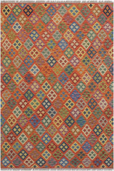 Flat Weave Kilim Antique Navaho Vintage handmade Modern Kilim Rust Blue Hand-Woven Rectangle 100% Wool Area Rug 6x8