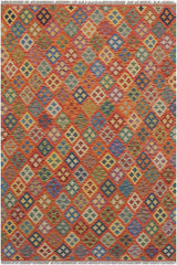 Flat Weave Kilim Antique Navaho Vintage handmade Modern Kilim Rust Blue Hand-Woven Rectangle 100% Wool Area Rug 6x8