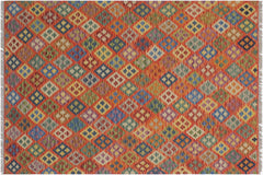 handmade Geometric Kilim Rust Blue Hand-Woven RECTANGLE 100% WOOL area rug 6 x 8