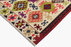 Flat Weave Kilim Antique Navaho Vintage handmade Geometric Kilim Beige Red Hand-Woven Rectangle 100% Wool Area Rug 6x8