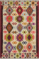 Flat Weave Kilim Antique Navaho Vintage handmade Geometric Kilim Beige Red Hand-Woven Rectangle 100% Wool Area Rug 6x8