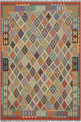 Flat Weave Kilim Antique Navaho Vintage handmade Geometric Kilim Beige Rust Hand-Woven Rectangle 100% Wool Area Rug 6x7