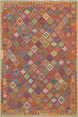 Flat Weave Kilim Antique Navaho Vintage handmade Modern Kilim Rust Gold Hand-Woven Rectangle 100% Wool Area Rug 6x8