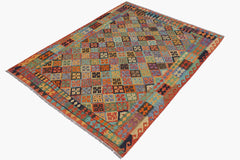 Flat Weave Kilim Antique Navaho Vintage handmade Geometric Kilim Blue Rust Hand-Woven Rectangle 100% Wool Area Rug 6x8