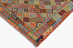 Flat Weave Kilim Antique Navaho Vintage handmade Geometric Kilim Blue Rust Hand-Woven Rectangle 100% Wool Area Rug 6x8
