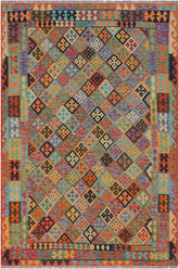 Flat Weave Kilim Antique Navaho Vintage handmade Geometric Kilim Blue Rust Hand-Woven Rectangle 100% Wool Area Rug 6x8