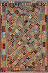 Flat Weave Kilim Antique Navaho Vintage handmade Geometric Kilim Blue Rust Hand-Woven Rectangle 100% Wool Area Rug 6x8