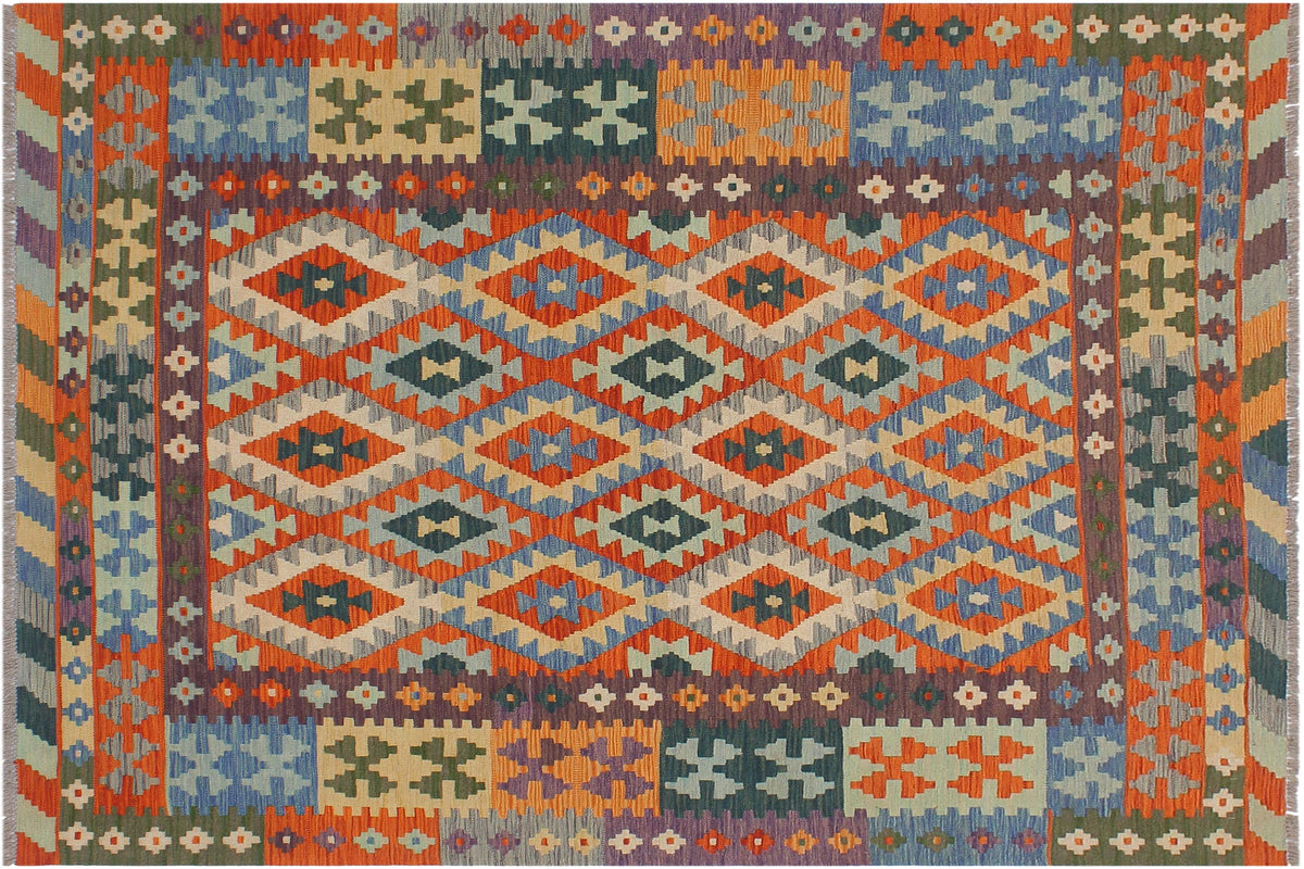 handmade Geometric Kilim Rust Blue Hand-Woven RECTANGLE 100% WOOL area rug 5 x 7