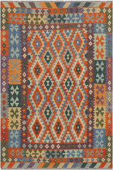 Flat Weave Kilim Antique Navaho Vintage handmade Geometric Kilim Rust Blue Hand-Woven Rectangle 100% Wool Area Rug 5x7