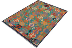 Flat Weave Kilim Antique Navaho Vintage handmade Geometric Kilim Green Blue Hand-Woven Rectangle 100% Wool Area Rug 6x8