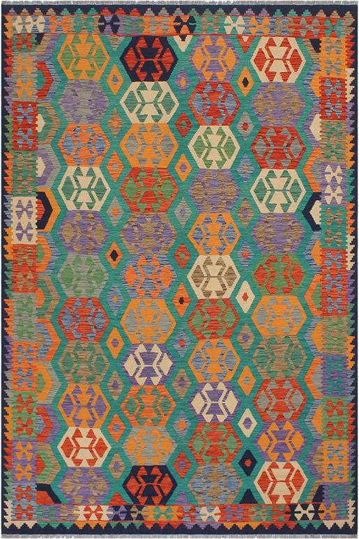Flat Weave Kilim Antique Navaho Vintage handmade Geometric Kilim Green Blue Hand-Woven Rectangle 100% Wool Area Rug 6x8