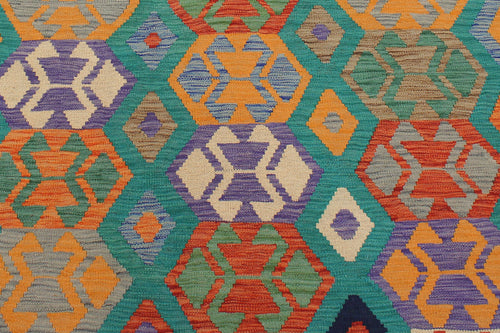 handmade Geometric Kilim Green Blue Hand-Woven RECTANGLE 100% WOOL area rug 6 x 8
