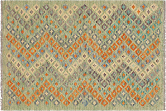 Turkish Eclectic Jeanice Green/Blue Hand-Woven Kilim Rug - 4'3'' x 6'1''