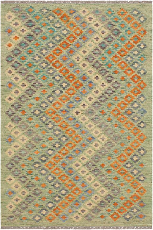 Flat Weave Kilim Antique Navaho Vintage handmade Modern Kilim Green Blue Hand-Woven Rectangle 100% Wool Area Rug 4x6
