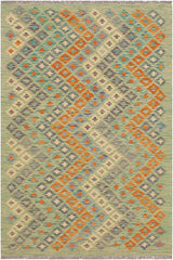 Flat Weave Kilim Antique Navaho Vintage handmade Modern Kilim Green Blue Hand-Woven Rectangle 100% Wool Area Rug 4x6