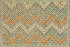 Turkish Eclectic Jeanice Green/Blue Hand-Woven Kilim Rug - 4'3'' x 6'1''