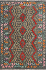Flat Weave Kilim Antique Navaho Vintage handmade Geometric Kilim Charcoal Red Hand-Woven Rectangle 100% Wool Area Rug 4x6