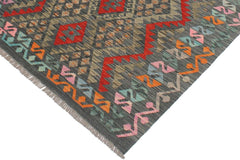 Flat Weave Kilim Antique Navaho Vintage handmade Geometric Kilim Charcoal Red Hand-Woven Rectangle 100% Wool Area Rug 4x6