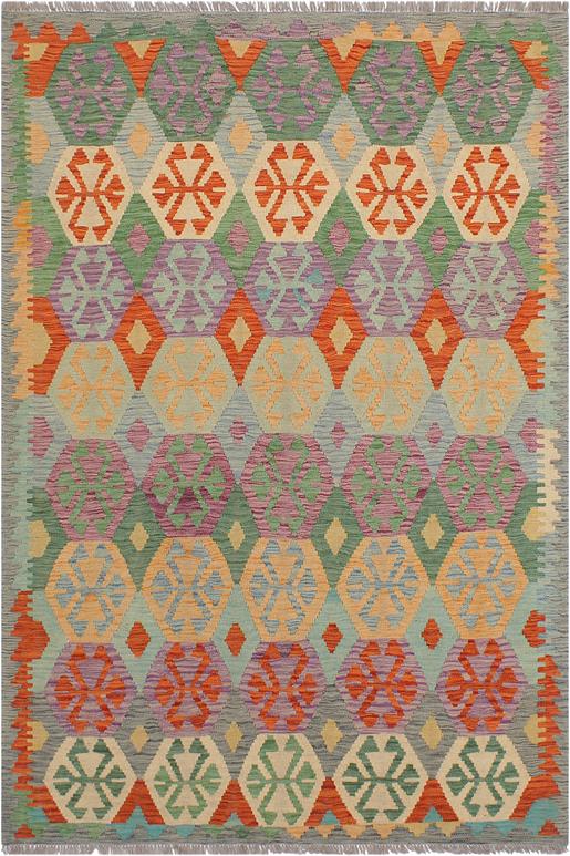 Flat Weave Kilim Antique Navaho Vintage handmade Geometric Kilim Blue Gray Hand-Woven Rectangle 100% Wool Area Rug 5x7