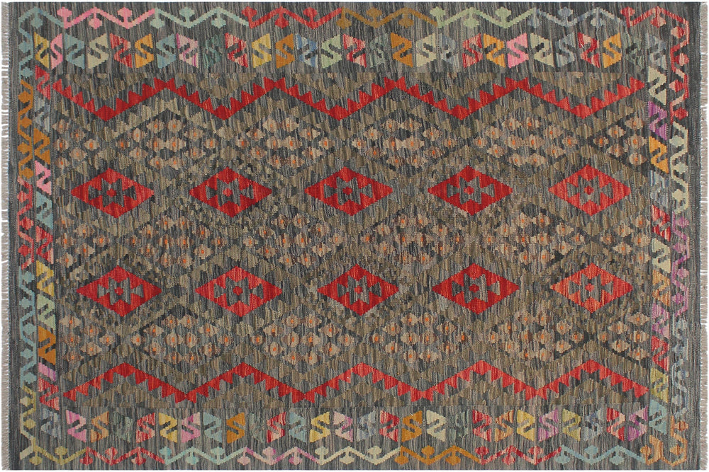 handmade Geometric Kilim Charcoal Red Hand-Woven RECTANGLE 100% WOOL area rug 5 x 7
