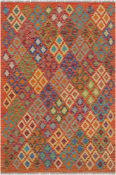 Flat Weave Kilim Antique Navaho Vintage handmade Geometric Kilim Rust Blue Hand-Woven Rectangle 100% Wool Area Rug 5x6