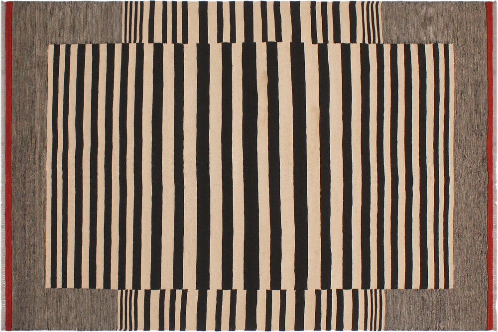 handmade Modern Kilim Beige Black Hand-Woven RECTANGLE 100% WOOL area rug 6' x 8'