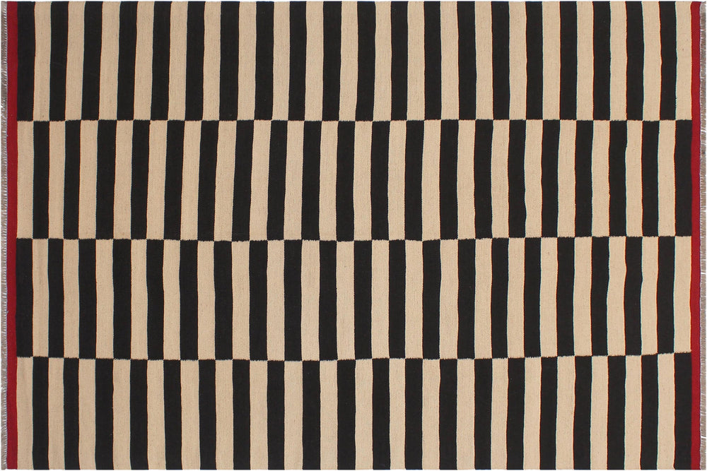 handmade Modern Kilim Beige Black Hand-Woven RECTANGLE 100% WOOL area rug 6' x 8'