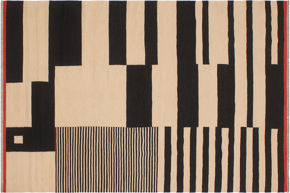 handmade Modern Kilim Beige Black Hand-Woven RECTANGLE 100% WOOL area rug 6' x 8'