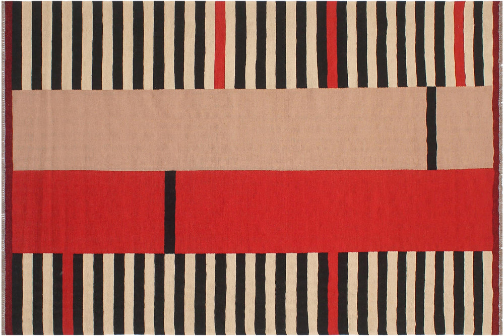handmade Modern Kilim Beige Black Hand-Woven RECTANGLE 100% WOOL area rug 6x8