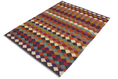 Flat Weave Kilim Antique Navaho Vintage handmade Modern Kilim Blue Beige Hand-Woven Rectangle 100% Wool Area Rug 6x8