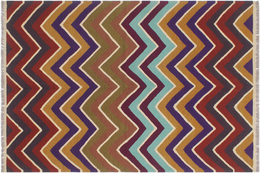 handmade Modern Kilim Blue Beige Hand-Woven RECTANGLE 100% WOOL area rug 5x7