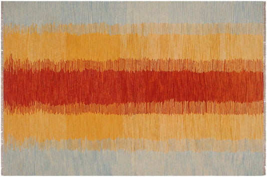 handmade Modern Kilim Rust Blue Hand-Woven RECTANGLE 100% WOOL area rug 5x7