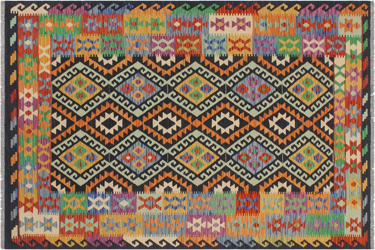 handmade Geometric Kilim Blue Gold Hand-Woven RECTANGLE 100% WOOL area rug 6 x 8
