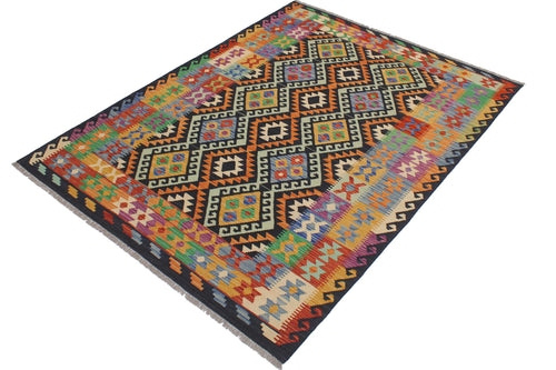 handmade Geometric Kilim Blue Gold Hand-Woven RECTANGLE 100% WOOL area rug 6 x 8
