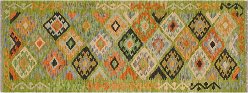 Flat Weave Kilim Antique Navaho Vintage handmade Geometric Kilim Green Rust Hand-Woven Runner 100% Wool Area Rug 3x8