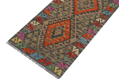 Flat Weave Kilim Antique Navaho Vintage handmade Geometric Kilim Charcoal Rust Hand-Woven Runner 100% Wool Area Rug 2x8