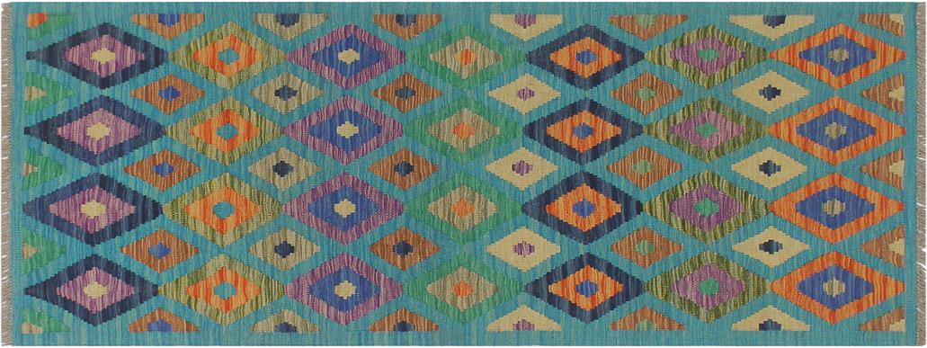 Flat Weave Kilim Antique Navaho Vintage handmade Modern Kilim Blue Rust Hand-Woven Runner 100% Wool Area Rug 3x6