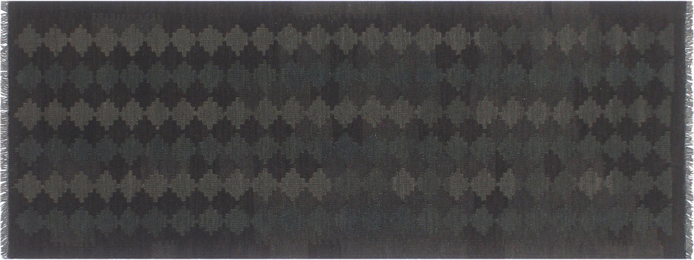 handmade Modern Kilim Black Green Hand-Woven RUNNER 100% WOOL area rug 3' x 8'