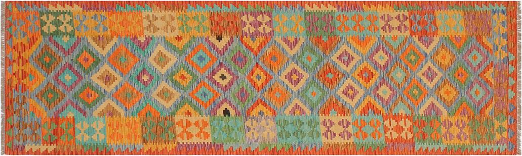 Flat Weave Kilim Antique Navaho Vintage handmade Geometric Kilim Blue Rust Hand-Woven Runner 100% Wool Area Rug 3x10