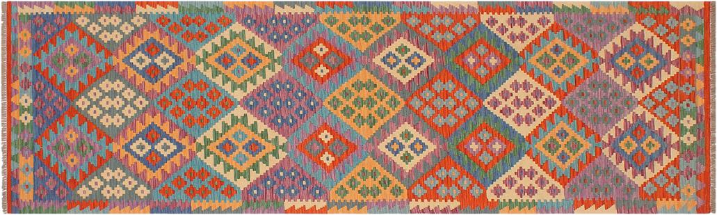 Flat Weave Kilim Antique Navaho Vintage handmade Modern Kilim Blue Rust Hand-Woven Runner 100% Wool Area Rug 3x10