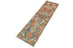 Flat Weave Kilim Antique Navaho Vintage handmade Geometric Kilim Blue Rust Hand-Woven Runner 100% Wool Area Rug 3x10