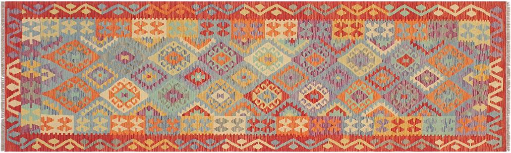 Flat Weave Kilim Antique Navaho Vintage handmade Modern Kilim Blue Rust Hand-Woven Runner 100% Wool Area Rug 3x10