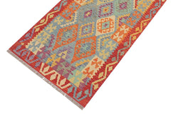 Flat Weave Kilim Antique Navaho Vintage handmade Modern Kilim Blue Rust Hand-Woven Runner 100% Wool Area Rug 3x10