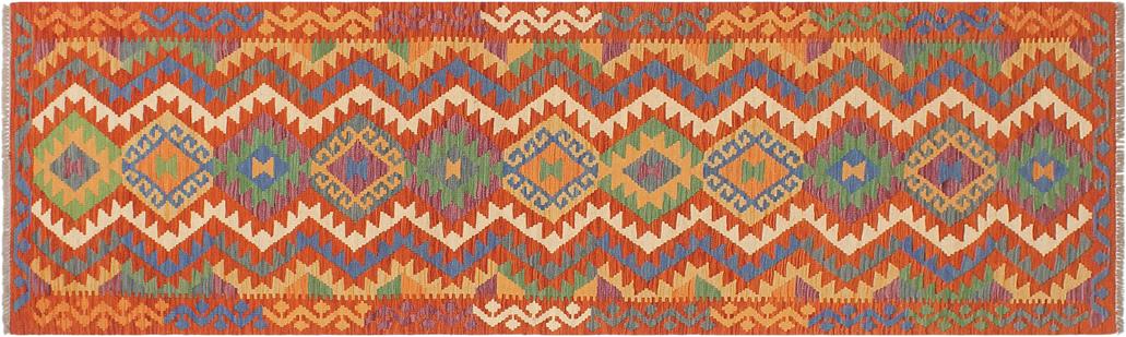 Flat Weave Kilim Antique Navaho Vintage handmade Geometric Kilim Rust Blue Hand-Woven Runner 100% Wool Area Rug 3x10