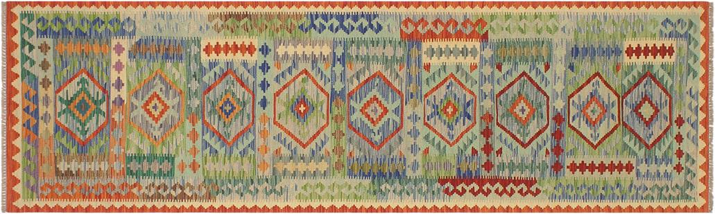 Flat Weave Kilim Antique Navaho Vintage handmade Geometric Kilim Blue Rust Hand-Woven Runner 100% Wool Area Rug 3x10