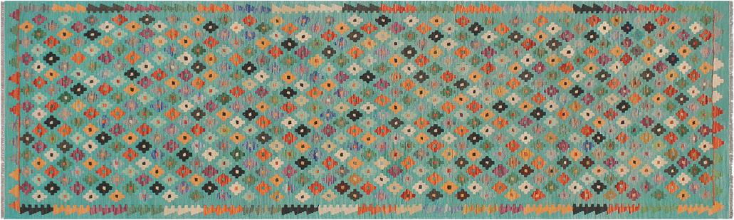 Flat Weave Kilim Antique Navaho Vintage handmade Modern Kilim Blue Rust Hand-Woven Runner 100% Wool Area Rug 3x10