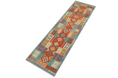 Flat Weave Kilim Antique Navaho Vintage handmade Geometric Kilim Rust Blue Hand-Woven Runner 100% Wool Area Rug 3x10