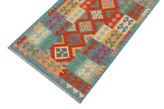 Flat Weave Kilim Antique Navaho Vintage handmade Geometric Kilim Rust Blue Hand-Woven Runner 100% Wool Area Rug 3x10