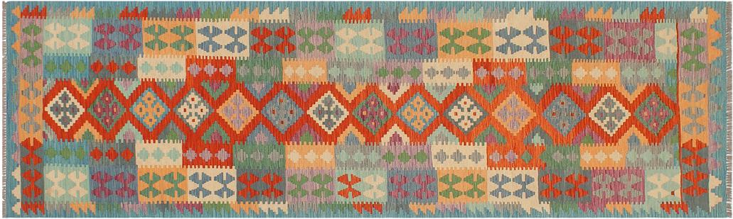 Flat Weave Kilim Antique Navaho Vintage handmade Geometric Kilim Rust Blue Hand-Woven Runner 100% Wool Area Rug 3x10