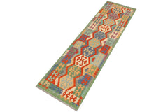 Flat Weave Kilim Antique Navaho Vintage handmade Geometric Kilim Gray Green Hand-Woven Runner 100% Wool Area Rug 3x10